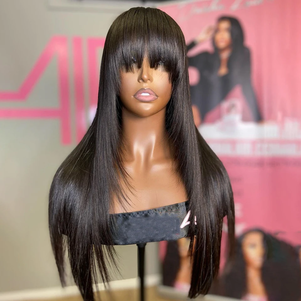 

Machine Made Layered Wigs for Women Human Hair Wig with Fringe Bang Brazilian Glueless Bone Straight Wig Perruque Cheveux Humain