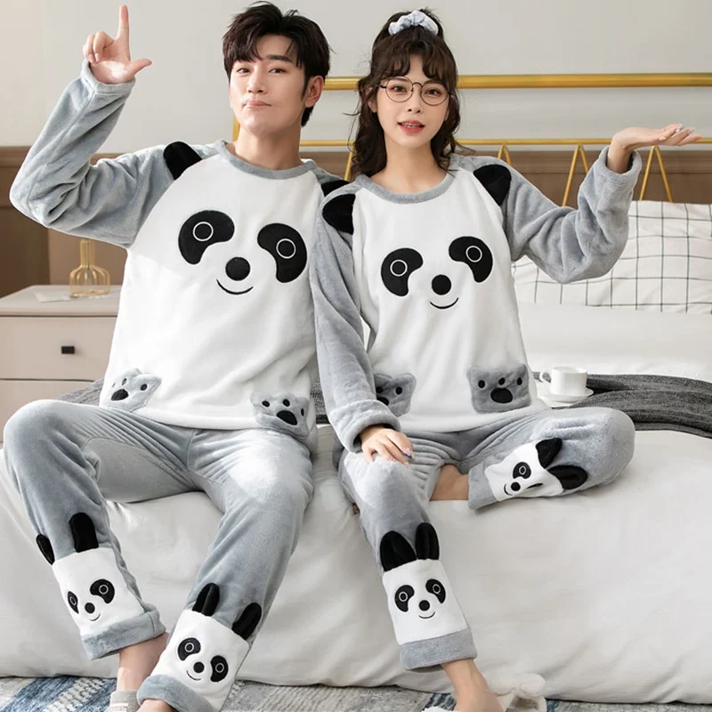 2022 Winter Long Sleeve Couple Thick Warm Flannel Pajama Sets for Men Cute Cartoon Sleepwear Pyjamas Women Homewear Home Clothes