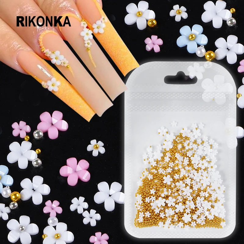 

5g White Acrylic Flowers Nail Art Decorations Gold Silver Steel Balls Mixed Size Rhinestones For Summer Accessories Nails Charms