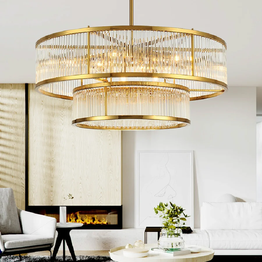 

American Plate Metal Led E14 Pendant Lights 2 Layers Living Room Gold Lustre Led Pendant Lamp Rod Hanging Lamp Fixtures