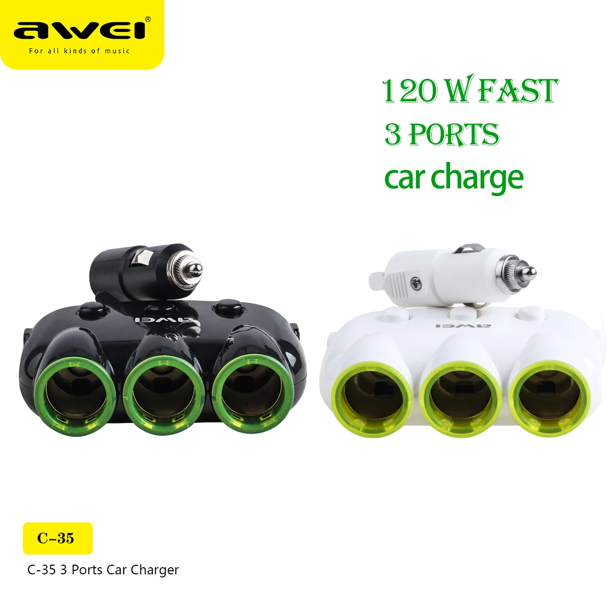 

Awei C35 Mobile Phone Charger for Car 120W 3 Ports USB C Fast Car Chargers For Samsung iphone Universal Car-charger Adapter NEW