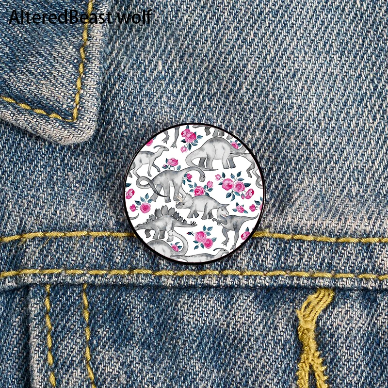 

Dinosaurs and Roses white Pin Custom Funny Brooches Shirt Lapel Bag Cute Badge Cartoon enamel pins for Lover Girl Friends