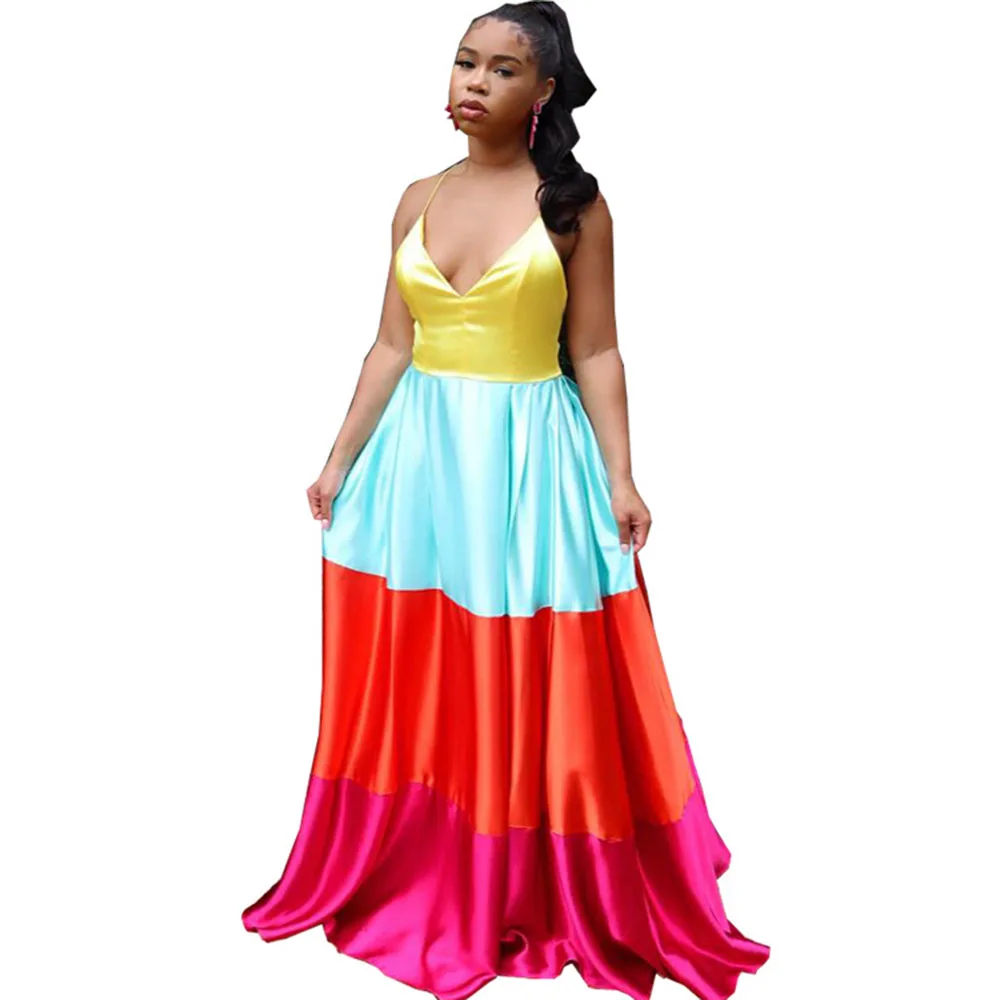 

Color Block Satin Prom Dress Long Luxury Elegant Spaghetti Strap Night Club Evening Gowns V Neck Party Sexy Bodycon Maxi Dresses