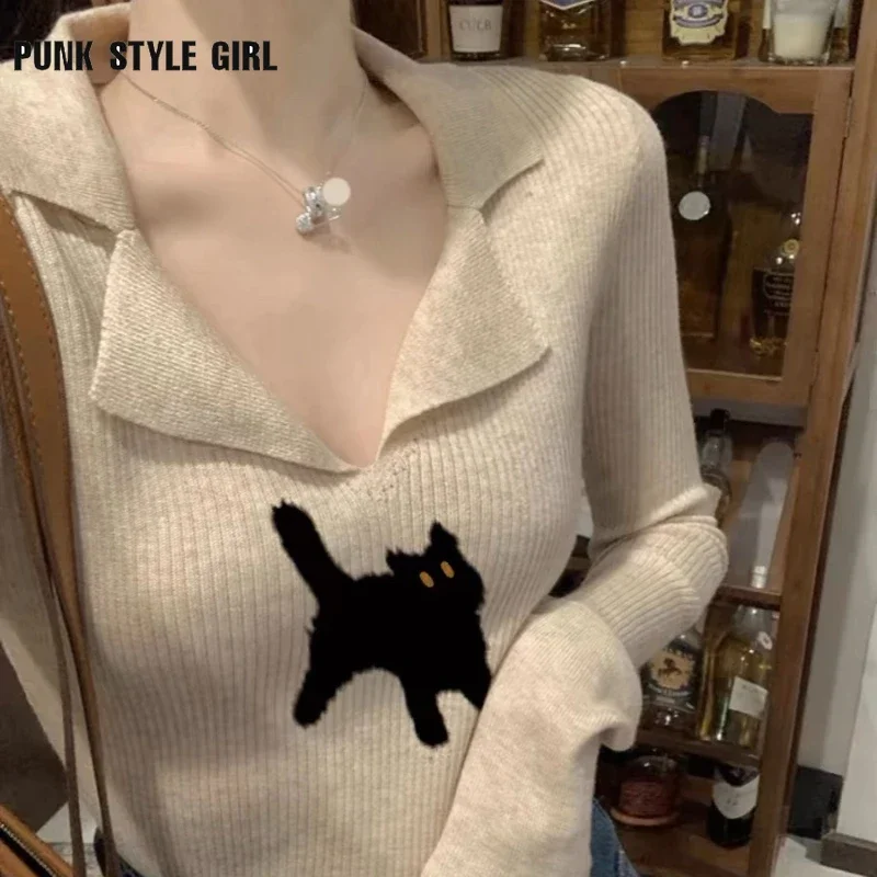 Свитер женский трикотажный с длинным рукавом и V-образным вырезом