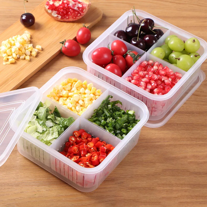 

Vegetable Crisper Boxes Organizer Drainable Refrigerator Fruit Bento Containers Four Compartment Pack Kitchen Food Storage Boxes