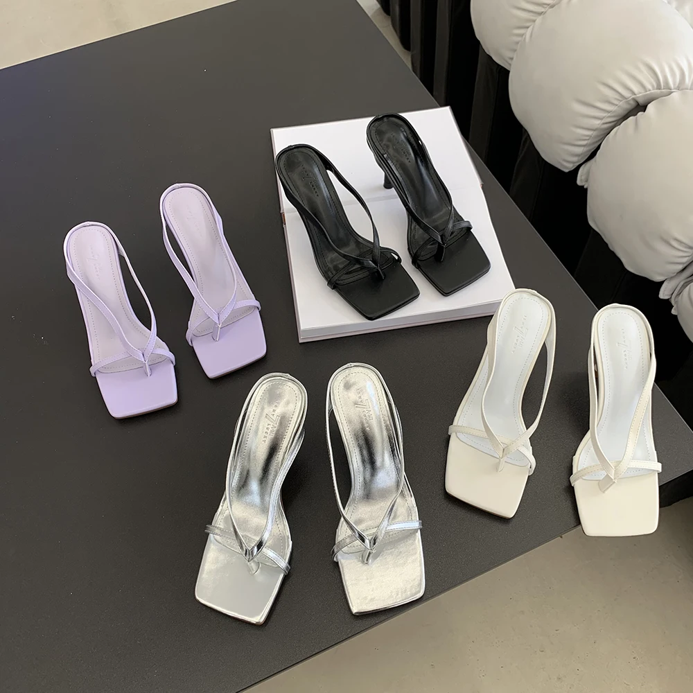 

Женские шлепанцы на шпильке, черные, фиолетовые, белые или Серебристые сандалии без задника, на высоком тонком каблуке, Размеры 35-39