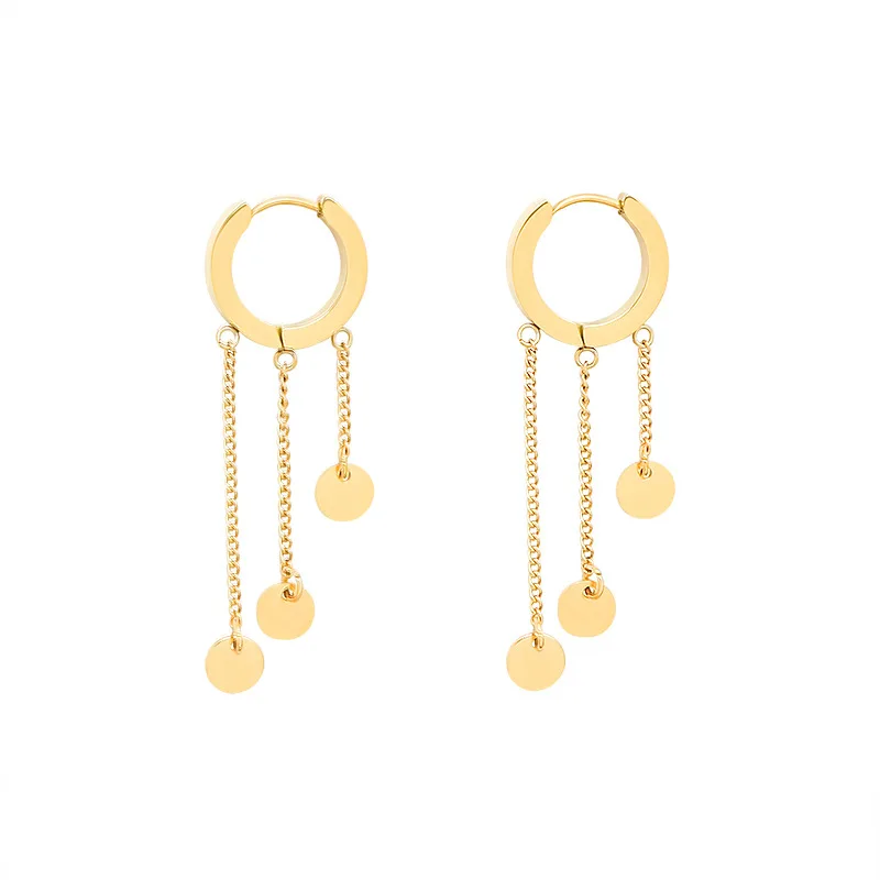 

Wholesale Personality Long Golden Tassel Hoop Earrings Female Trend Fashion Small Round Disc Punk Party Gift