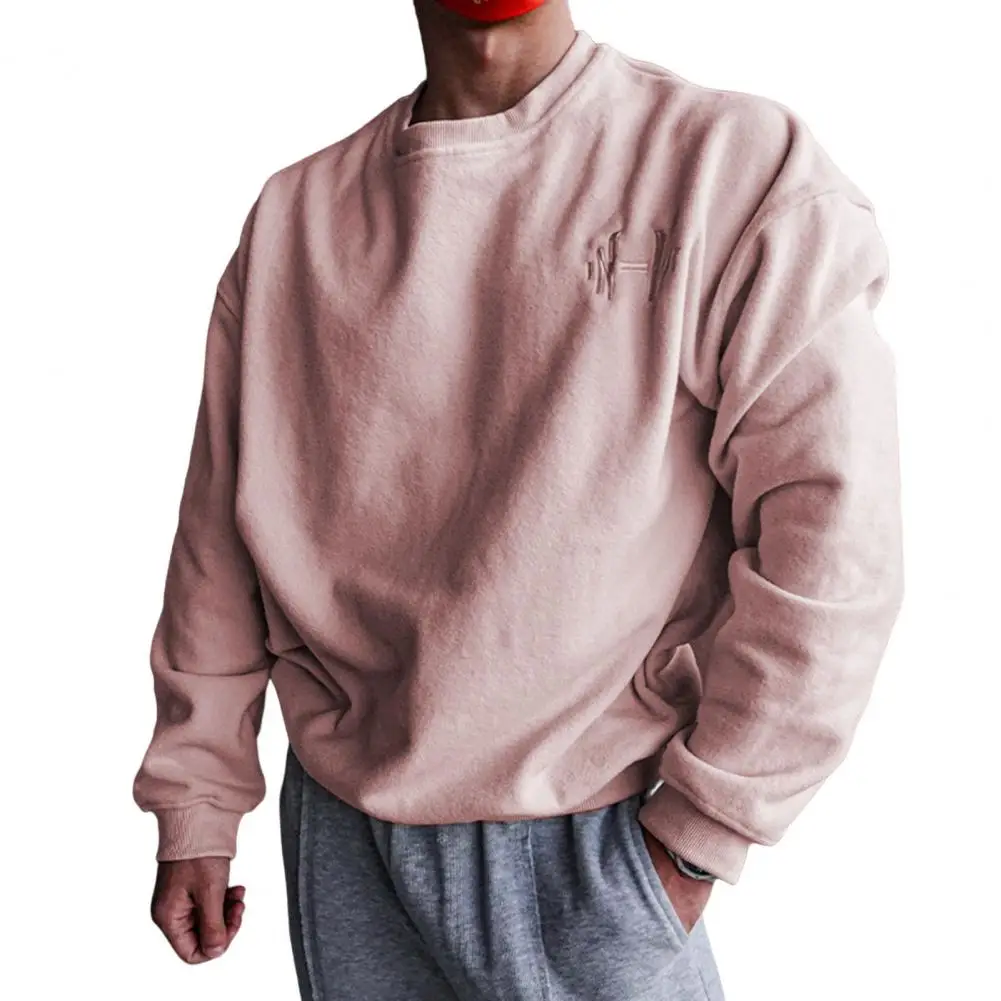 

Men Sweatshirt Solid Color Long Sleeve Round Neck Warm Cool Loose Thicken Broccoli Embroidery Autumn Pullover Tops Men Clothes