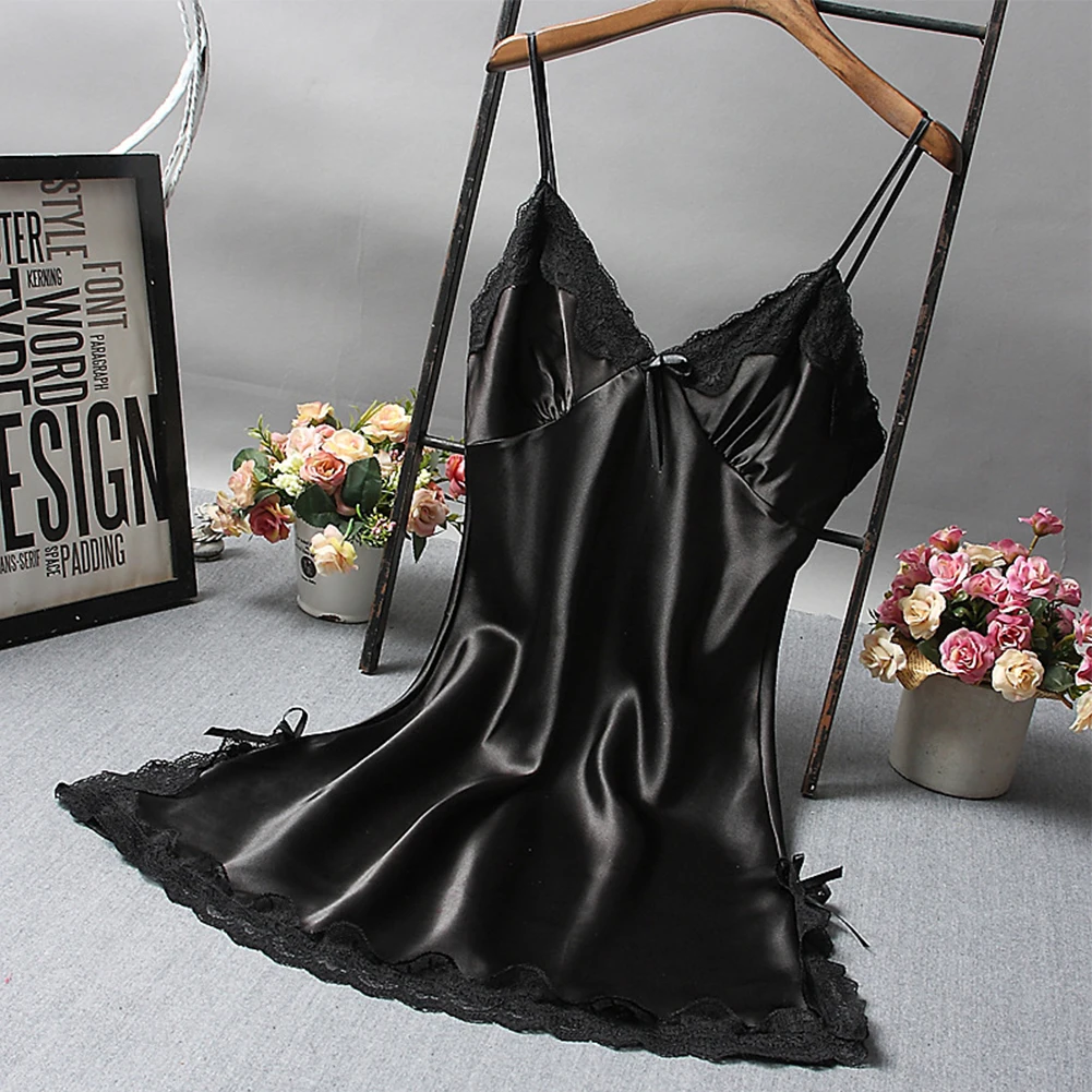 Сексуальная женская атласная мягкая ночная рубашка кружевное нижнее белье с