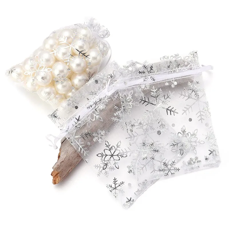 

10Pcs Organza Bags Printed Silver Color Snowflake Gift Bag Christmas Wedding Party Gift Bag Diy Charm Jewelry Packing Pouchs