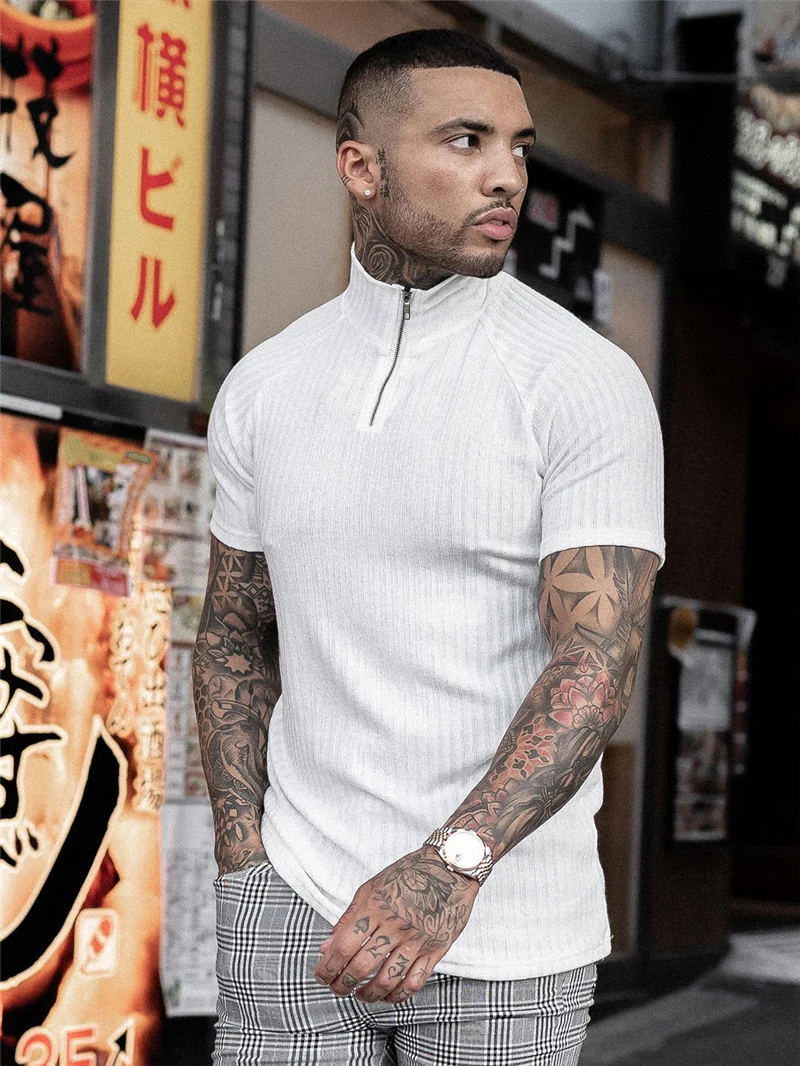 

Men Fitness Casual Fashion Stripe Short Sleeve Gym Stand Collar Polo Shirt Summer Moisture Wicking Breathable Cool Quick Dry Top