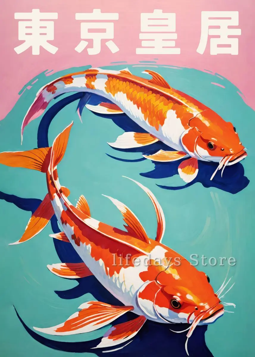 

Винтажная картина с рыбками и кои на холсте