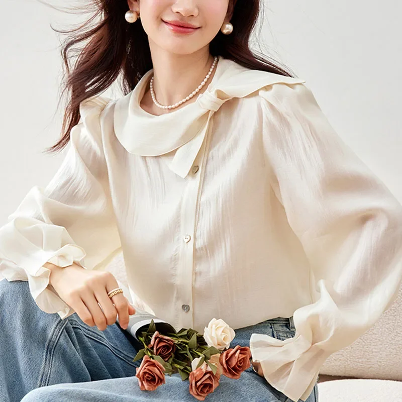 Новые модные осенние блузки с длинным рукавом и круглым вырезом женская рубашка