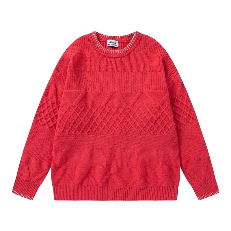 American Style Vintage Color Blocking Round Neck Pullover Knitted Top Casual Loose Fit Men's Autumn Sweater Situational Design S