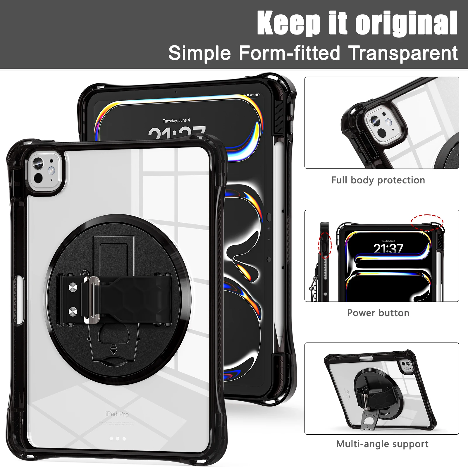 Rotation Stand Tablet Case For iPad Pro 13 11 M4 Air 4 5 6 7 8 9 10th Generation Mini Hand Band Shockproof Clear Hard Cover