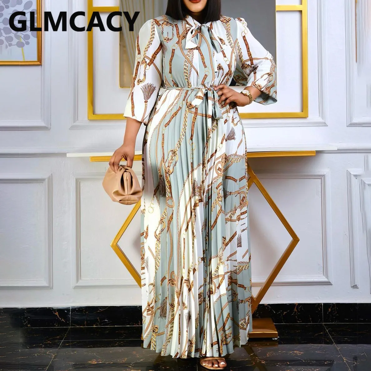 

Women 3/4 Sleeve Vintage Chain Printed Pleated Dress Elegant Maxi Dress