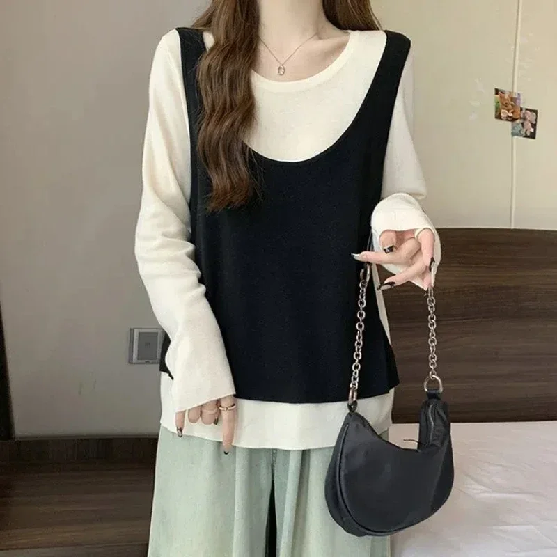 Весенне-осенние повседневные контрастные лоскутные футболки с длинным рукавом и