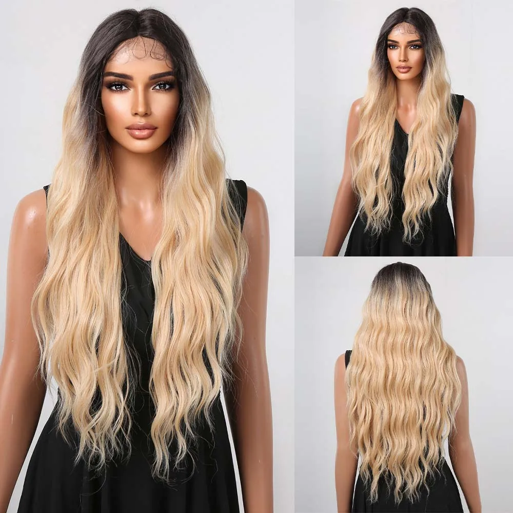 

HAIRCUBE Long Wavy Lace Front Synthetic Hair Ombre Black Blonde Wigs for Women 28 Inches High Temperture Daily Cosplay Wigs Hair