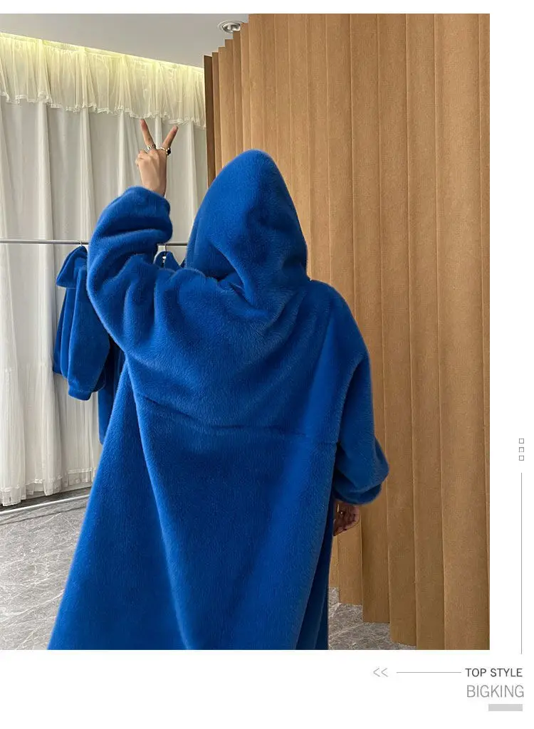 Winter Long Faux Fur Coat Women Thick Warm Blue White Black Fluffy Hooded Jacket Loose Casual Korean Fashion Tops Female Clothes