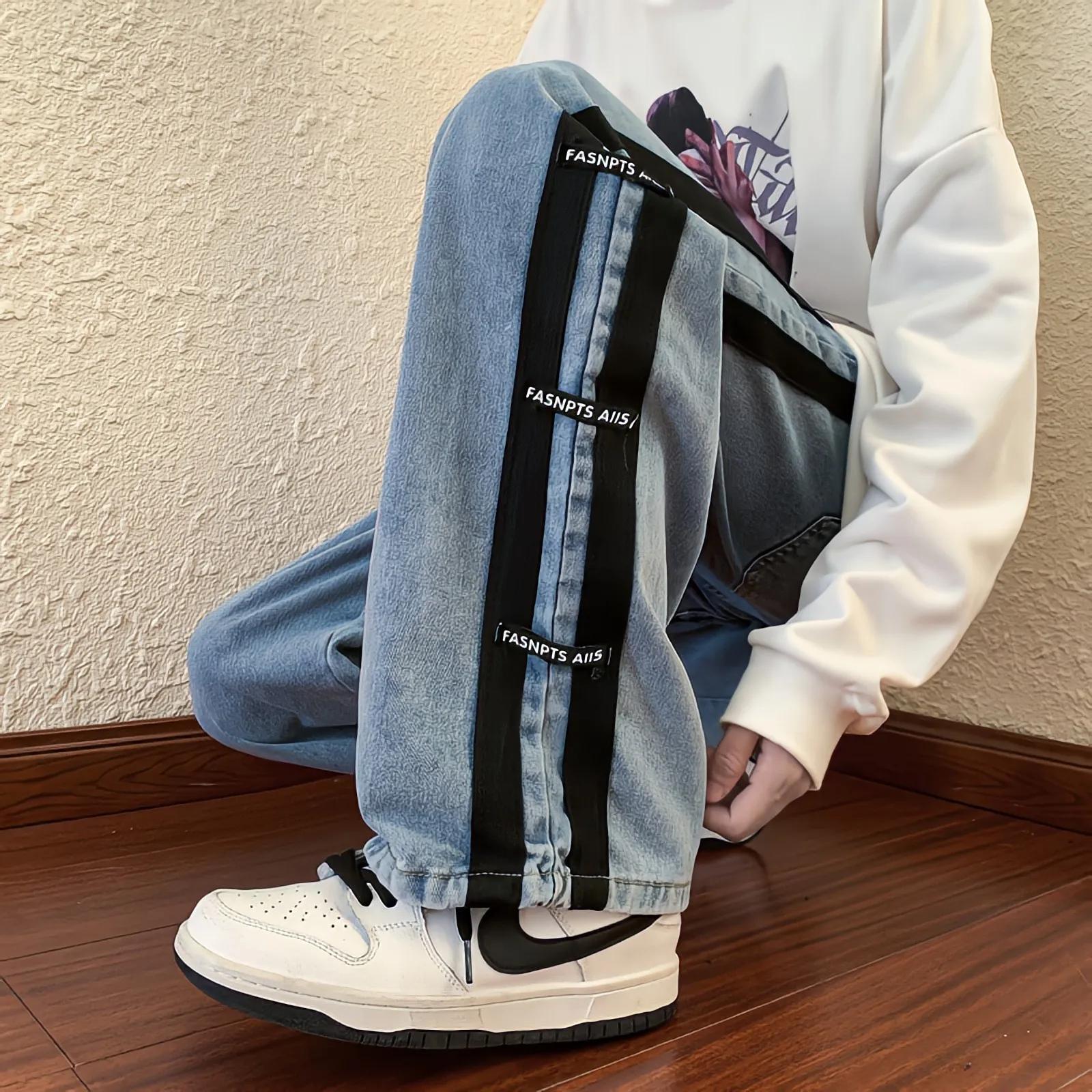 High Waist Stripe Jeans Man New Vintage Harajuku Straight Pants Baggy Embroidery Y2k Streetwear Korean Fashion Hip Hop Trousers