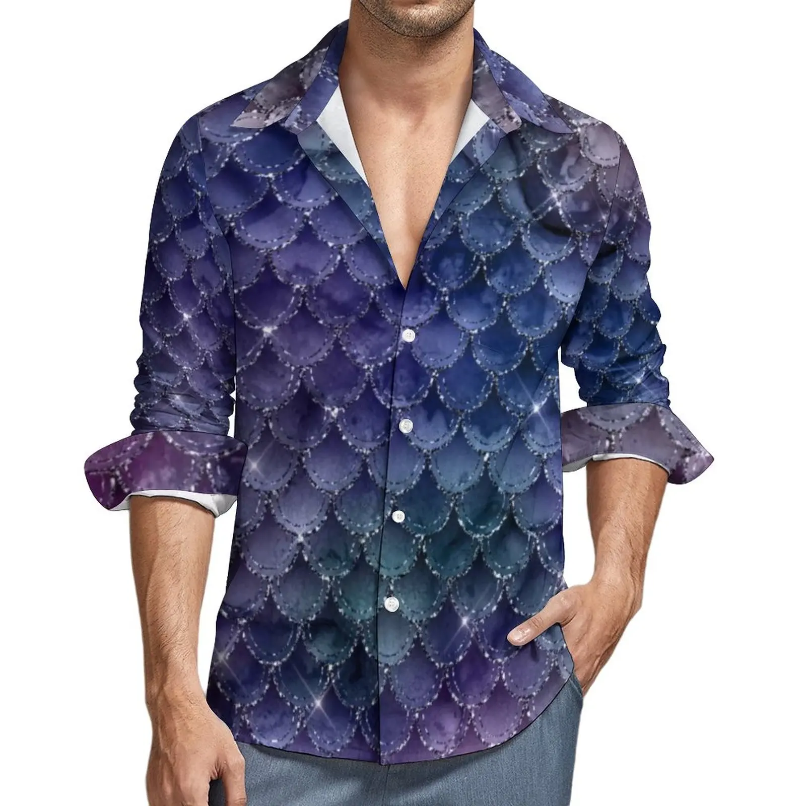 

Ombre Glitter Casual Shirts Men Fantasy Magical Mermaid Scales Shirt Long Sleeve Trending Harajuku Blouses Clothing 3XL 4XL