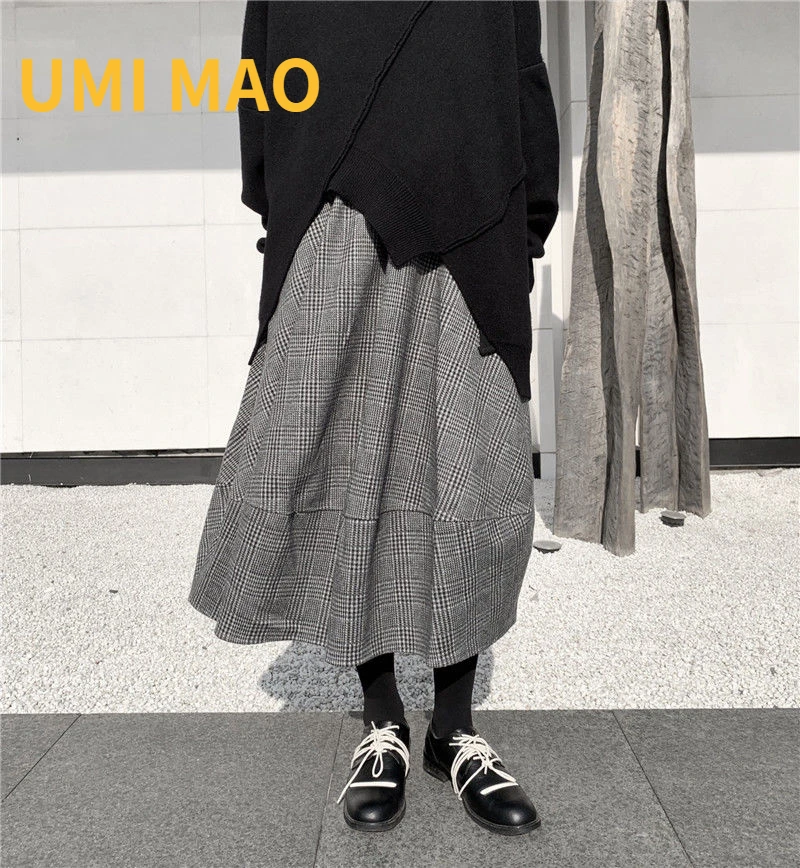 

UMI MAO Yamamoto Diablo Miyake Spring Autumn Streetwear Skirt Women's Gray Plaid Skirt Woolen Design Goth Clothes Y2K