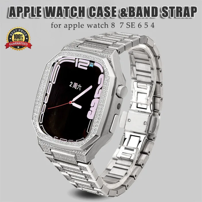 

Роскошный бриллиантовый комплект для модификации Apple Watch 8 7 45 мм чехол и ремешок для I Watch Series SE 6 5 4 44 мм комплект аксессуаров для часов