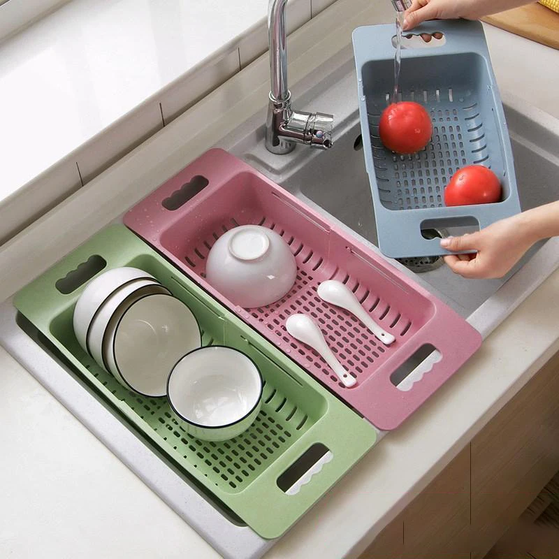 

1pc Extendable Washing Basin Adjustable Plastic Fruit Vegetable Bowls Drain Basket Colanders Small Over Sink Drainer for Kitchen