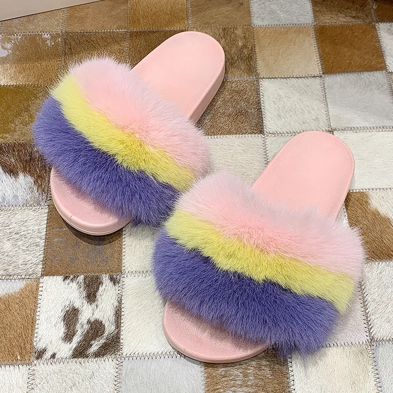 

Shoes Home Slippers Women's Slides Pantofle Fur Flip Flops Flock Low Fashion Multicolored Sandals Massage 2022 Flat Plush Luxury