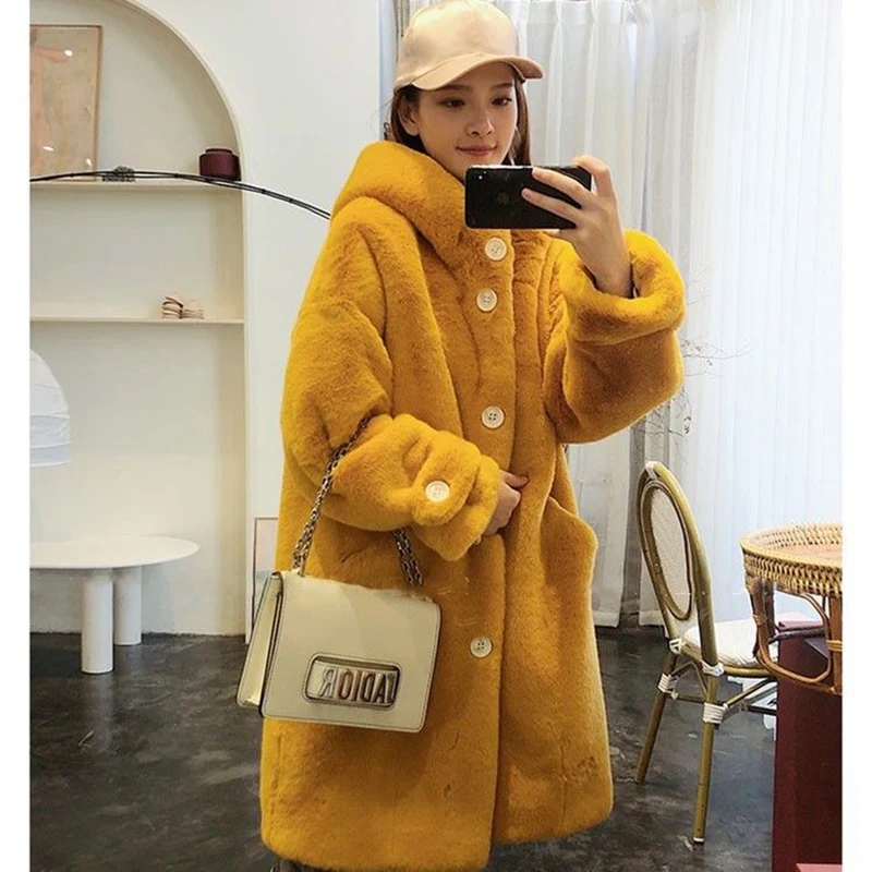 yellow Women Winter Faux Fur Long Coat Casual Sweet Solid Warm Soft Fur Hooded Jacket 2022 Fashion Loose Thicken  Coat