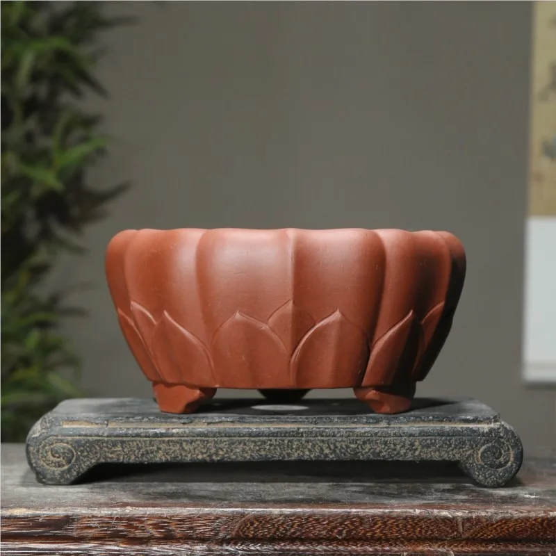 Chinese Purple Sand Flower Pots Lotus Shaped Zen Flowerpot Home Office Desktop Handmade Bonsai Potted Orchid LE485