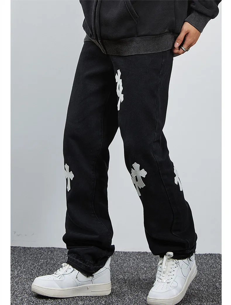 Streetwear Men New Vintage Cross Leather Patch Recreational Black Jeans Loose Straight Cylinder Broad Leg Trousers Autumn Women