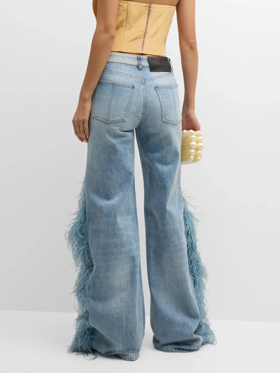 VGH винтажные прямые джинсы с плюшевыми украшениями для женщин шикарный дизайн