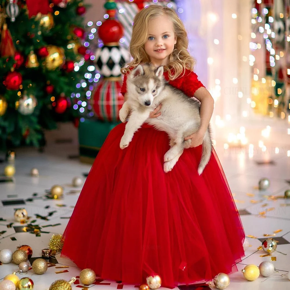 

Red Flower Girls Dresses 2023 Short SLeeves A-Line Puffy Kids Wedding Party Dress Tulle O-Neck Zipper Long Girl Princess Gowns