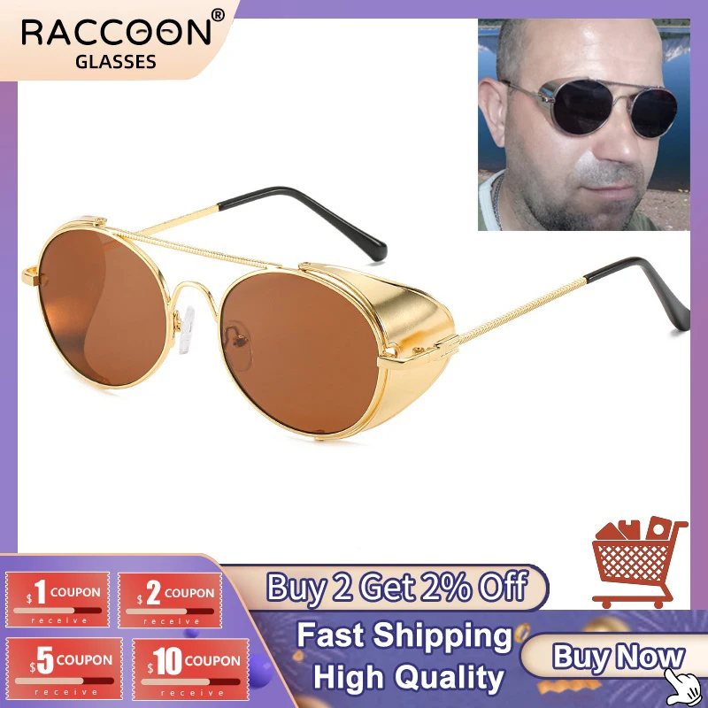 

Vintage Luxury Steampunk Style Sunglasses Men High Quality Metal Side Cover Carving Brand Design Punk Gothic Round Sun Glasses
