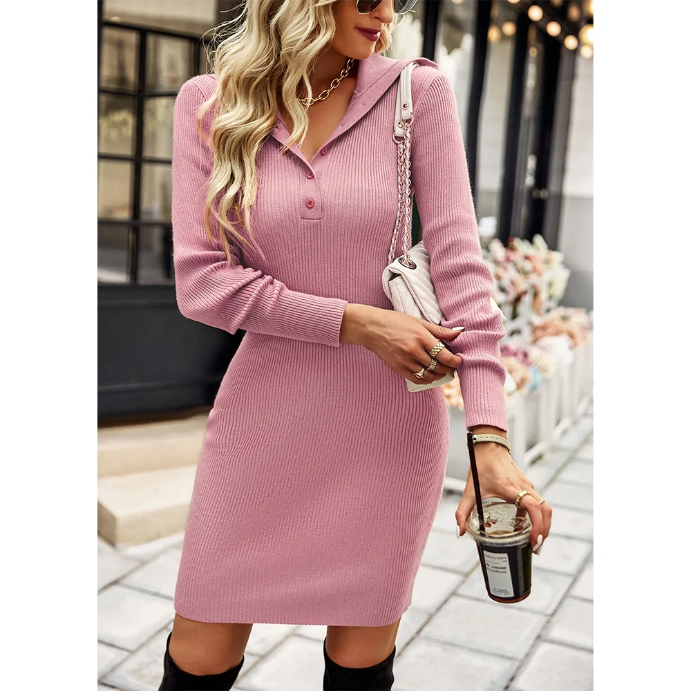 

Ladies Slim V Neck Solid Color Sweater Dress 2022 Winter Waist Warm Versatile Dress Elegant Button Knitted Pencil Dresses Femme