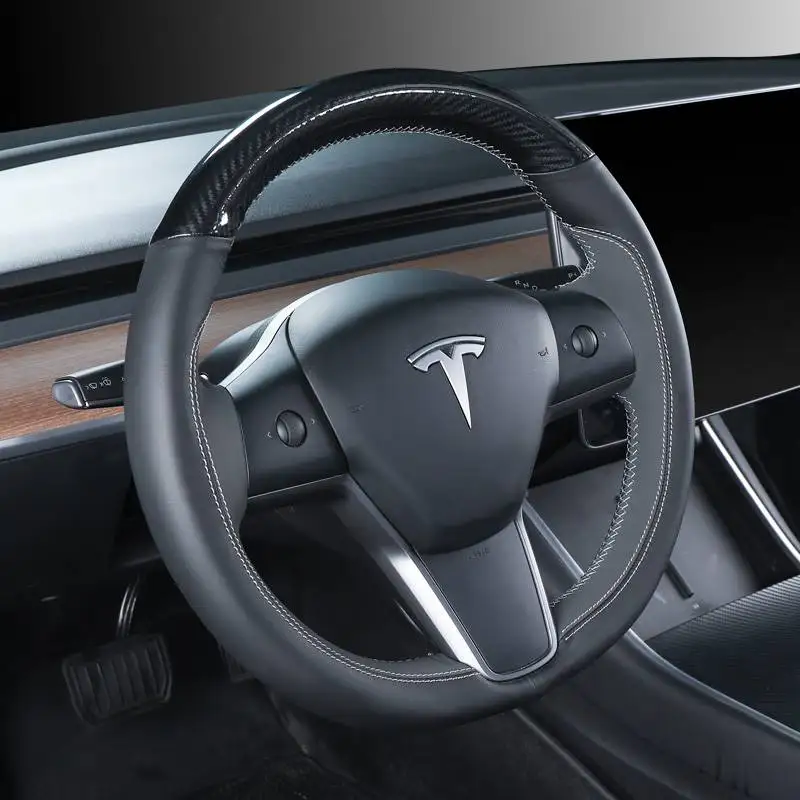 

DIY Hand-Stitch Carbon Fiber Leather Car Steering Wheel Cover for Tesla Model Y Model 3 Interior Auto Accessories