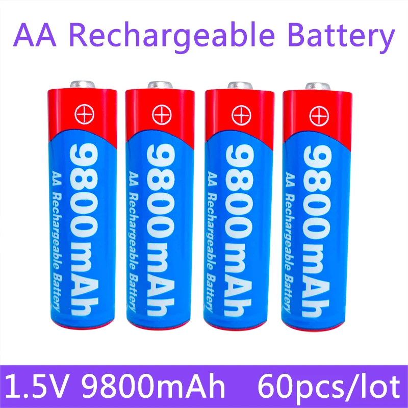

60pcs/lot 100% Original New AA battery 1.5V AA reachargeable battery 9800mAh for led light toy Camera Microphone battery