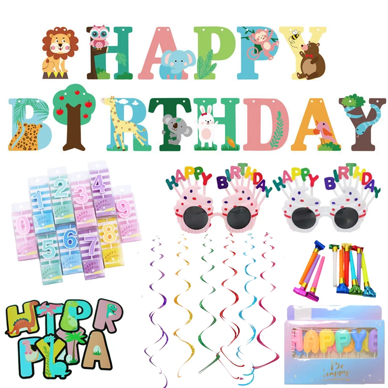 

Kids Happy Birthday Banner Macaron Forest Rabbit Lion Dinosaur Theme Birthday Candle Spiral Pendant DIY Decorative Birthday Set
