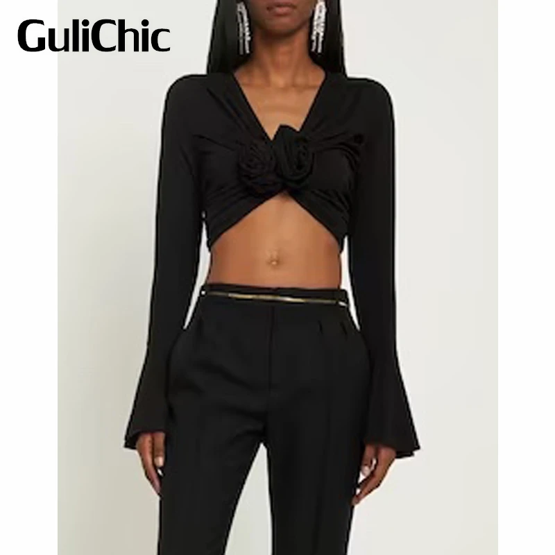 

2,16 GuliChic Женская Сексуальная облегающая короткая блузка с вырезами и черными цветами с V-образным вырезом и расклешенными рукавами укорочен...