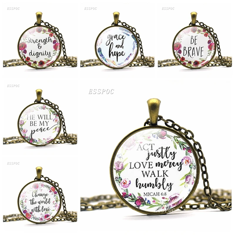 

Fashion Bible Verse Christian Lettering Necklace Glass Cabochon Quote Inspirational Bronze Chain Jewelry Women Men Faith Gift