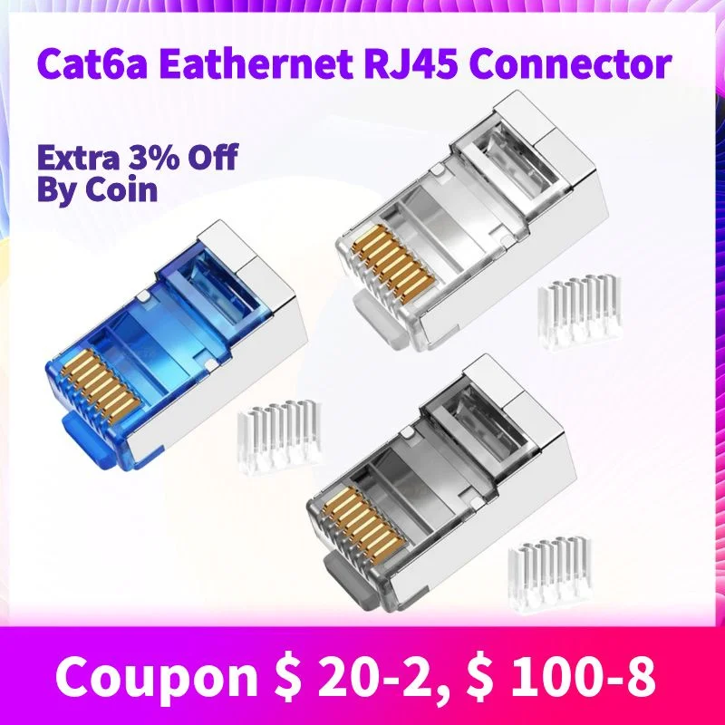 Cat6a Eathernet Plug RJ45 Connector Network RJ 45 8P8C Cat 6a Modular Networking Cable Male 1mm Pin Hole 24K 6U" Gold Plated