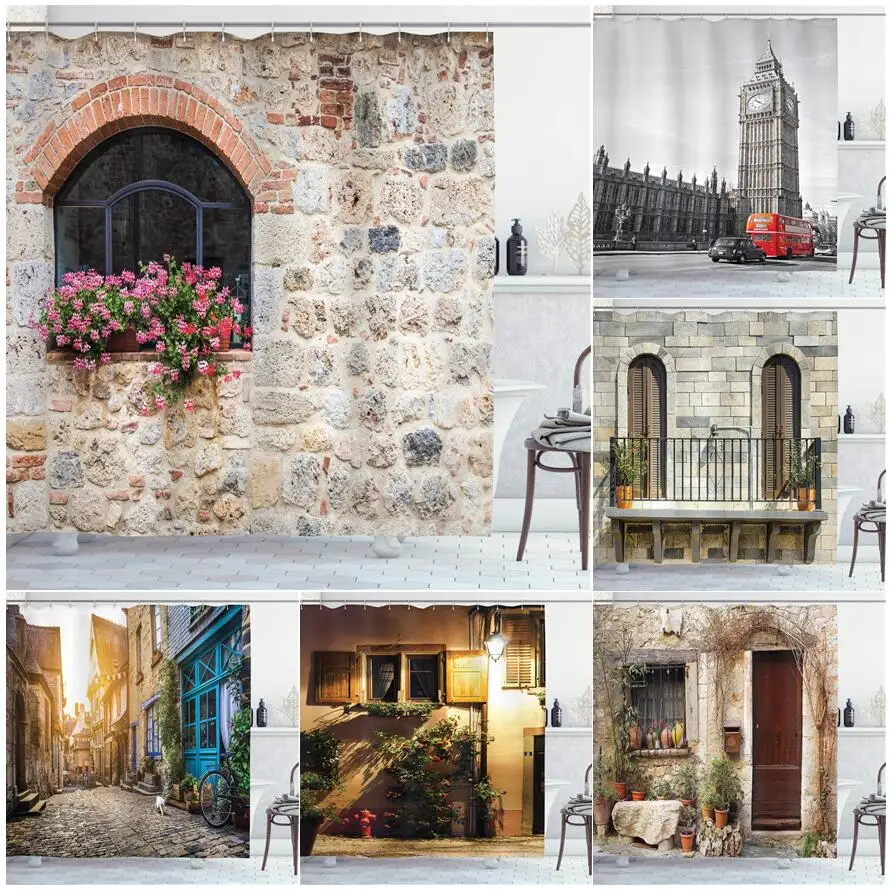 

Retro Street Flowers Shower Curtains London Big Ben Vintage Stone Wall Plants Fabric Bath Curtain Sets Bathroom Decor with Hooks