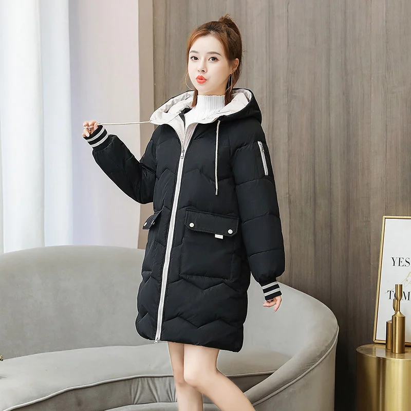 

Winter Thicken Cotton Padded Jacket Women's Mid-length Contrast Color Fashion Coats Loose Hooded Padded Jackets with Big Pockets