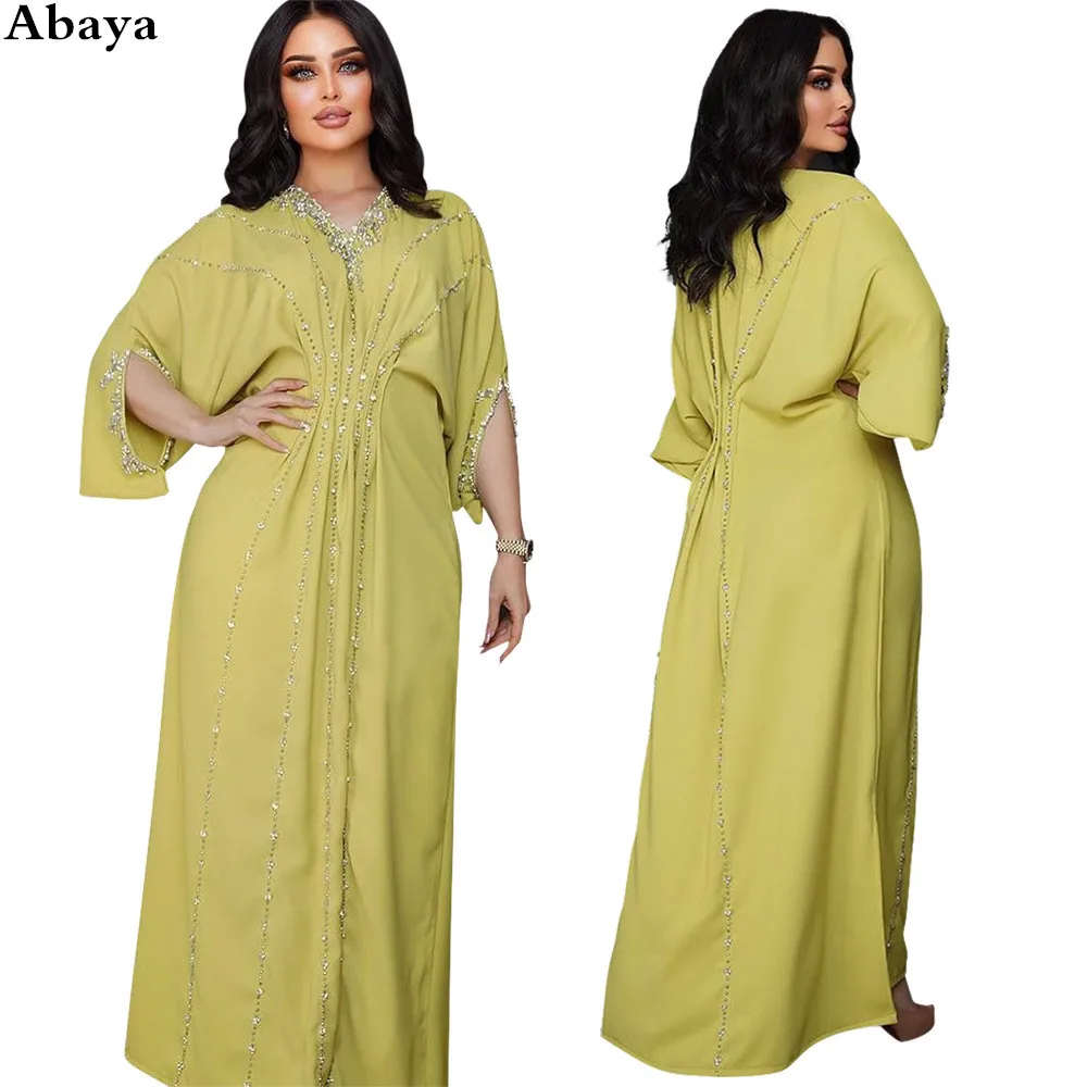

Luxury Crystals Rhinestones Muslim Kaftan Robe Pleat High Waist Short Sleeves Elegante Arabic Dubai Party Dres Ramadan Jalabiya