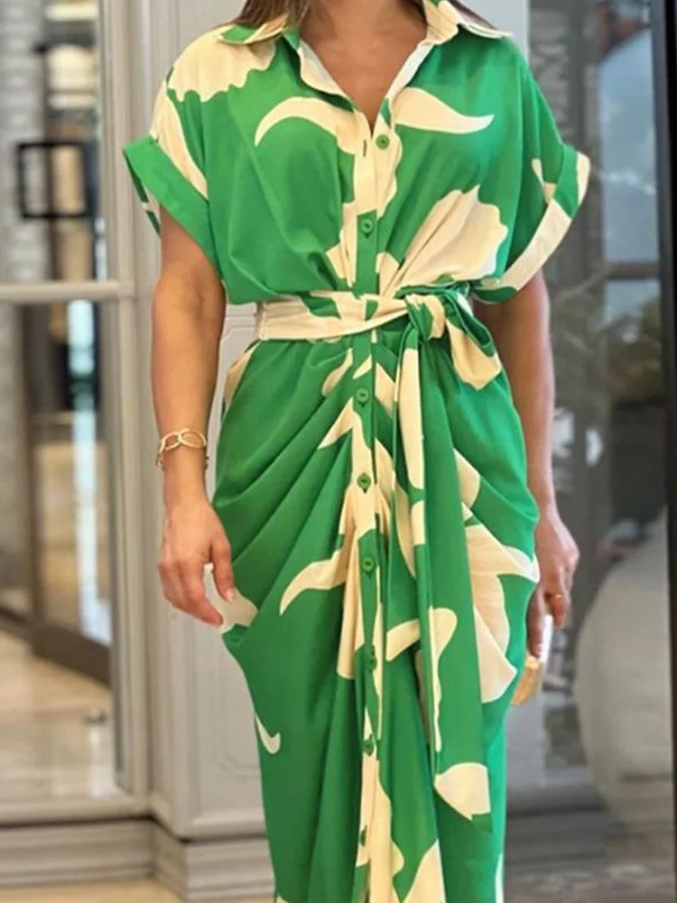 

2023Casual elegant sexy dress, dress Chic Printed Short Sleeve Buttoned Shirt Dress with Belt Women Turn Down Collar Daily Casua