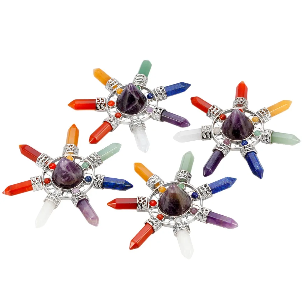 Natural Stone 7 Chakra Hexagonal Prism Ruched Energy Cone Pyramid Reiki Healing Crystal Stone Transmitter Jewelry Decoration
