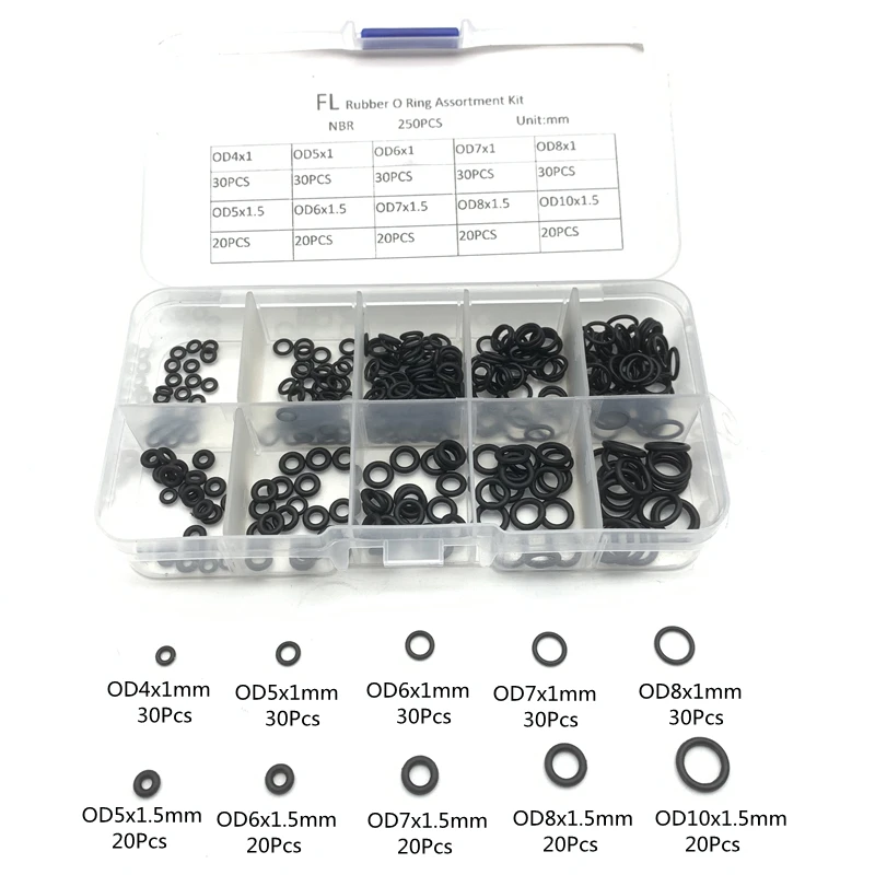

250 шт./коробка, черные резиновые уплотнительные кольца в ассортименте, набор уплотнительных колец 10 размеров с пластиковой коробкой, резиновые заглушки, силиконовые кольца