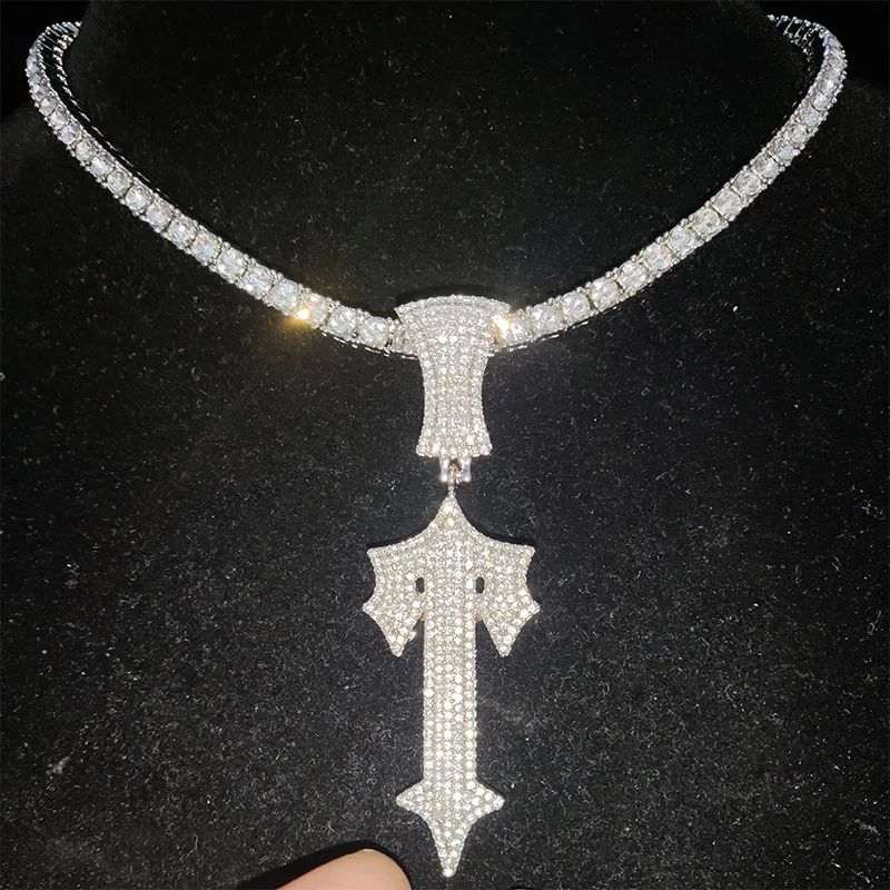 

New Men Women Hip Hop Letter Iced Out Cross Sword Necklaces with 4mm Zircon Tennis Chain HipHop Pendant Necklace Charm Jewelry