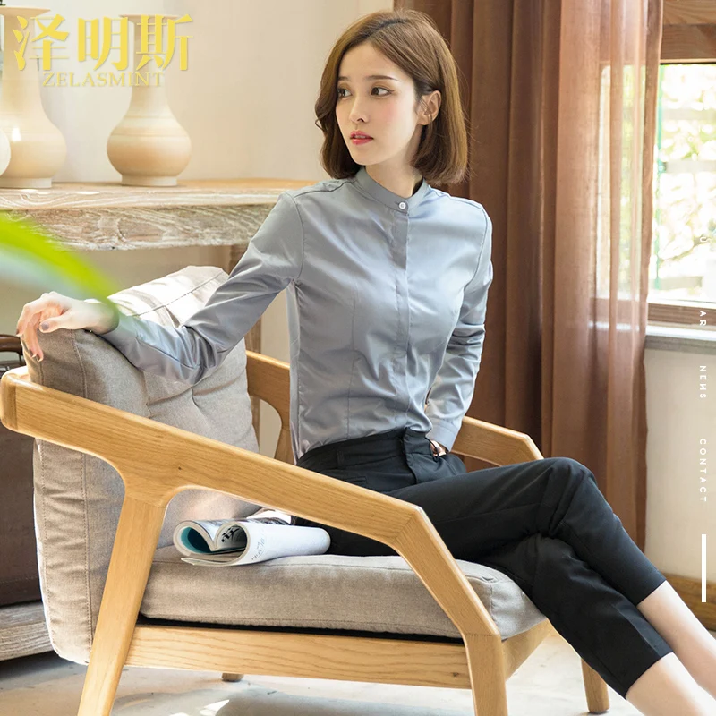 White Shirt Women's Long-Sleeved Work Clothes Professional Stand Collar Fleece-lined Cargo Gray 2024 Spring Design Sens...